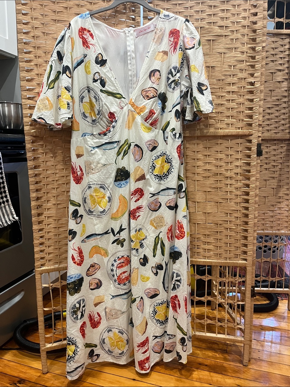 Lisa Says Gah Flutter Sleeve Maxi Dress with Colorful Seafood Print XL